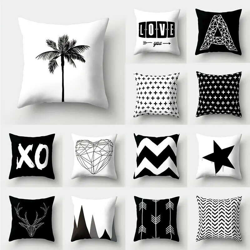 Fronhas decorativas preta e branca com geométricas, 45x45cm de poliéster, capa de almofada para decoração de casa