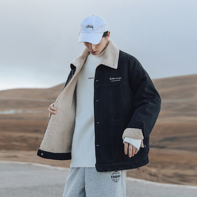 Pakaian Pria Jepang 2021 Musim Gugur dan Musim Dingin Baru Jaket Beludru Domba Jaket Denim Tekstur Longgar Hangat Pakaian Berlapis Kapas