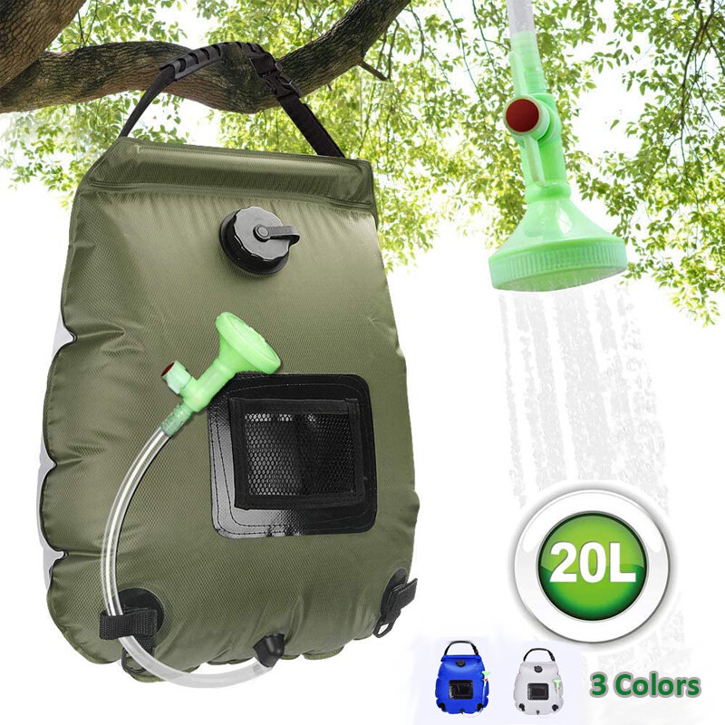 Bolsas de agua para acampar al aire libre, bolsa de ducha Solar para senderismo, calefacción, Ducha de Camping, escalada, hidratación, manguera conmutable, cabezal de ducha, 20L