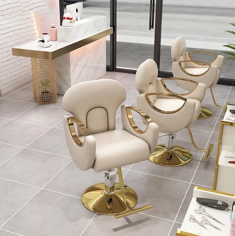 Novo estilo popular luxo hidráulico salão de beleza estilo cadeira barbeiro ouro cadeira prego beleza móveis