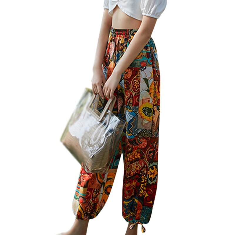 여성 세련된 바지 보헤미안 스타일 넓은 다리 바지 여름 바지 스트리트웨어 여름 패션 느슨한 캐주얼 바지
