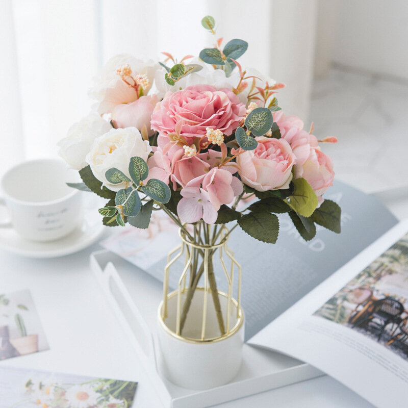 Flores artificiais de plástico com peônia, decoração para casa, peônias de seda, flor falsa para casamento, decoração de mesa, 1 buquê