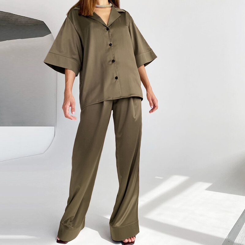 HiLoc Solid Drop Sleeves piżama skręcić w dół kołnierz 2 częściowy zestaw kobiet piżamy z spodnie 2021 wiosna głębokie dekolt bielizna nocna Satin