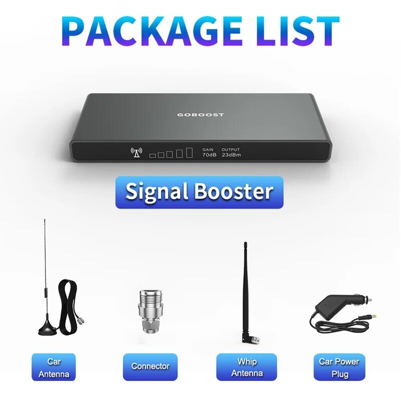 GOBOOST Signal Booster For Car 70dB High Gain 2G+3G+4G Cellular Amplifier LTE 700 800 850 900 1800 2100 MHz Network Repeater Kit