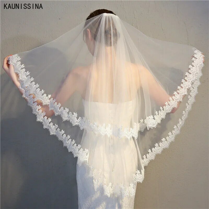 KAUNISSINA أنيقة طبقتين الدانتيل الحجاب الزفاف مع مشط النساء الحجاب العروس الزفاف