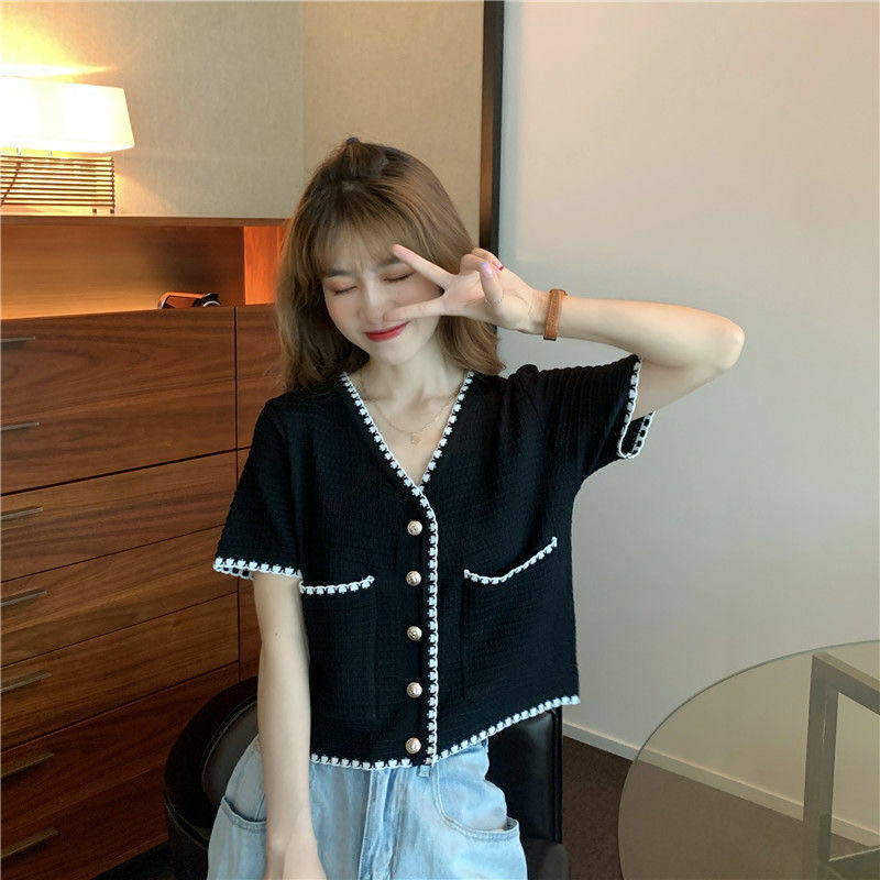QWEEK – Cardigan en tricot avec boutons pour femme, haut Vintage, Style coréen, mode rétro, Blouse noire, automne 2021
