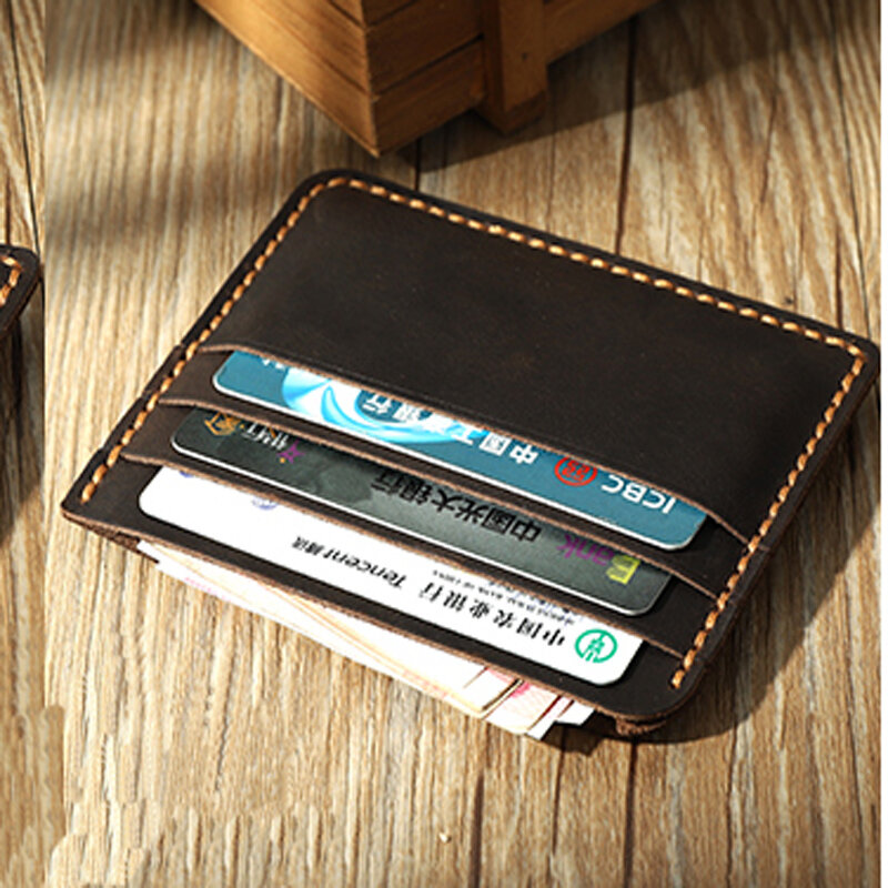 Porte-cartes Vintage en cuir véritable fait à la main pour hommes et femmes, petit portefeuille simple pour cartes de crédit et pièces d'identité, 100%