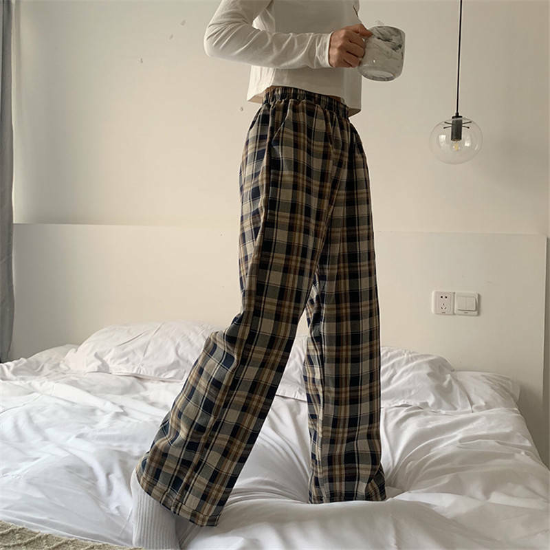 Giấc Ngủ Dưới Nhà Nữ Quần Homewear Kẻ Sọc Chiều Dài Mắt Cá Chân Bộ Đồ Ngủ Ống Rộng Co Giãn Thoải Mái Vintage Quá Khổ Pyjamas