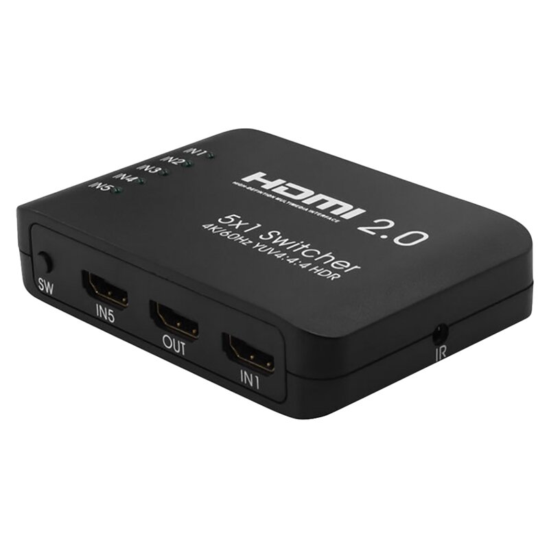 محول HDMI 2.0 5 منافذ HDMI يدعم 4K @ 60Hz 4:4:4 و HDR HDMI Hub مع جهاز تحكم عن بعد بالأشعة تحت الحمراء للكمبيوتر المحمول