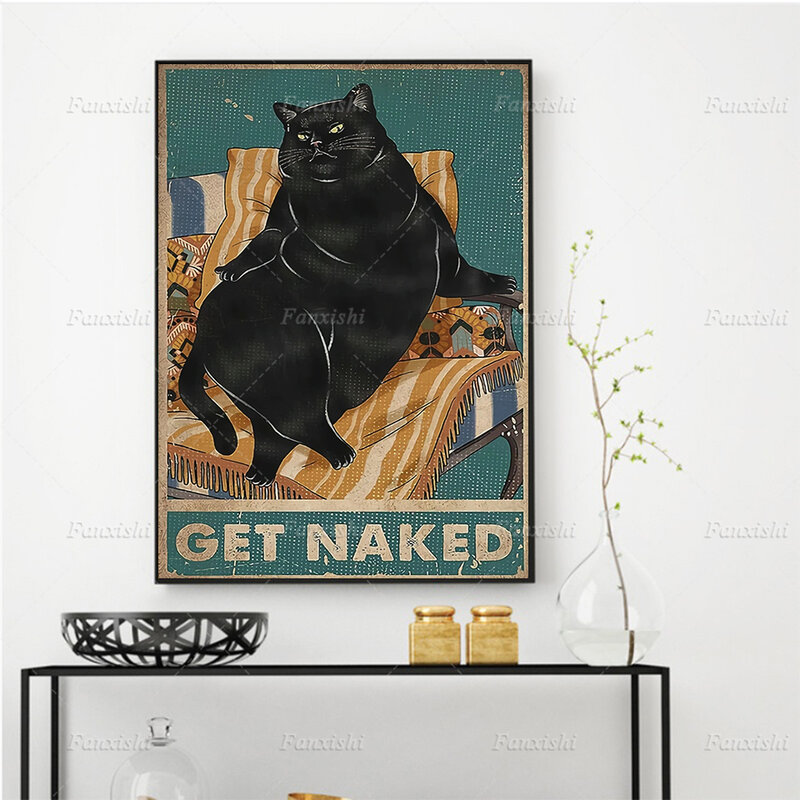 Affiches rétro avec chat noir nu, impressions sur toile, Art mural nordique, peinture rétro, images modulaires pour décoration de maison