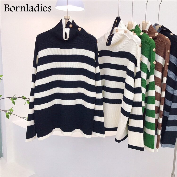 Bornladies jesienno-zimowy styl french-o wysoki dekolt w paski gruby luźny dzianinowy sweter kurtka kobiety główna ulica swetry dla kobiet