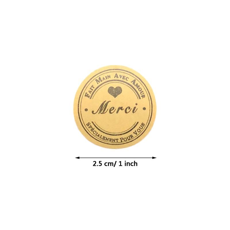 500 piezas Kraft Merci francés, etiquetas de agradecimiento, pegatinas, paquete de sobres, sello
