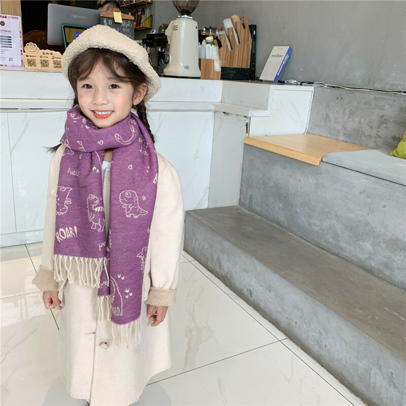 Écharpe en cachemire pour enfants, foulard coréen épais et chaud, imprimé dinosaure, pompon en laine, pour garçons et filles, cadeau de vacances