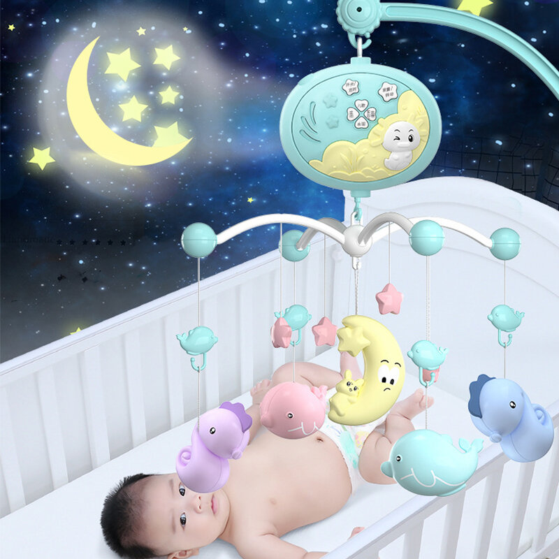 Móbile com chocalhos para berço do bebê, brinquedo giratório, música, projeção de luzes, 0 a 12 meses, recém-nascido, itens infantis