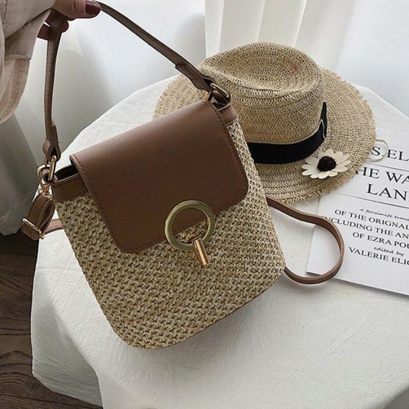 2021 New Woven Straw Bag Handbag Simple Shoulder Messenger Portable Bucket Beach Travel Lady Bohemia Shoulder Bag