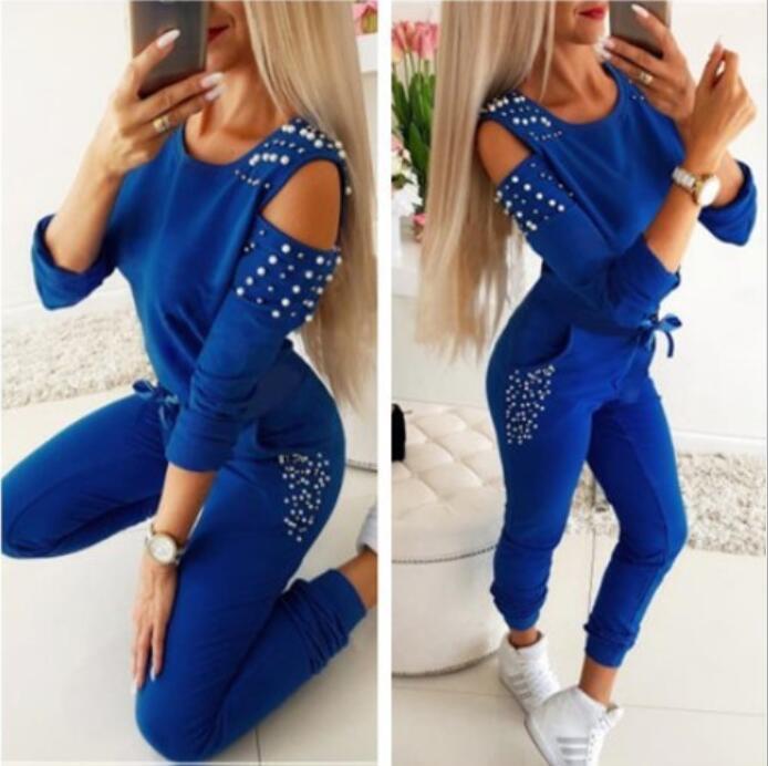 Women Casual 2 Piece Outfits Patchwork Hollow Out Design Beading Decor O-Neck Long Sleeve Solid Top+Drawstring Slim Pencil Pants