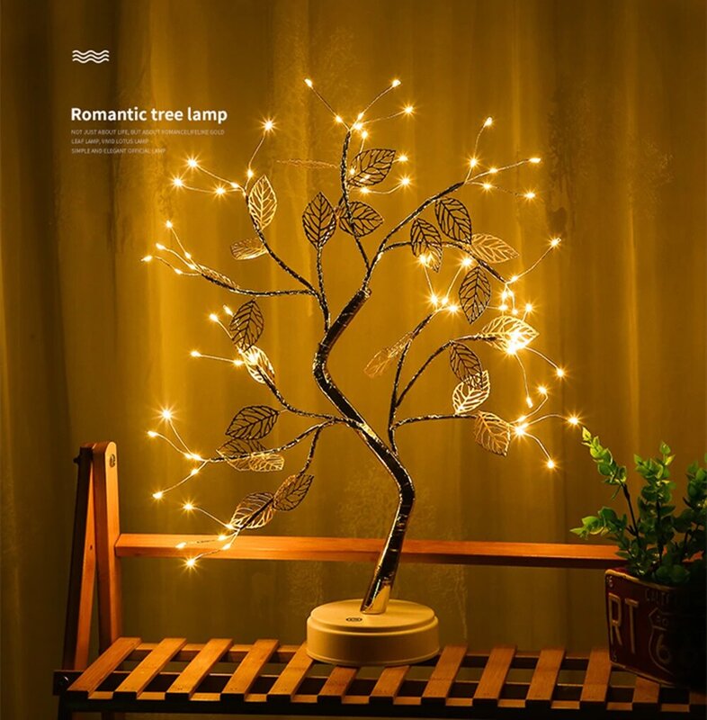 Lâmpada de cabeceira árvore de natal, com fio de cobre, usb, luz noturna 36/108 led, luminária criativa de mesa para decoração de quarto, natal, decoração de mesa de fadas