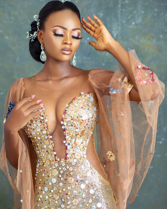 Arabisch Gouden Mermaid Sexy Avondjurken Kristallen Kralen Prom Dresses Sheer Hals Formele Party Tweede Receptie Gowns