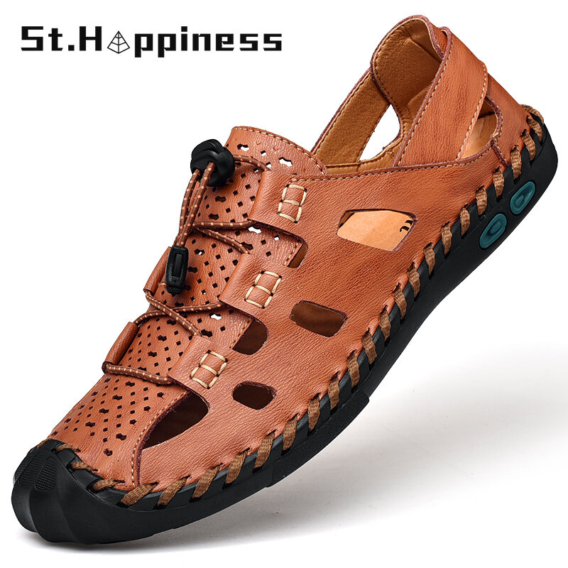Sandales d'été en cuir pour hommes, nouvelle collection 2021, marque de mode, romaines faites à la main, chaussures d'extérieur, Sport, randonnée, plage, grande taille 48
