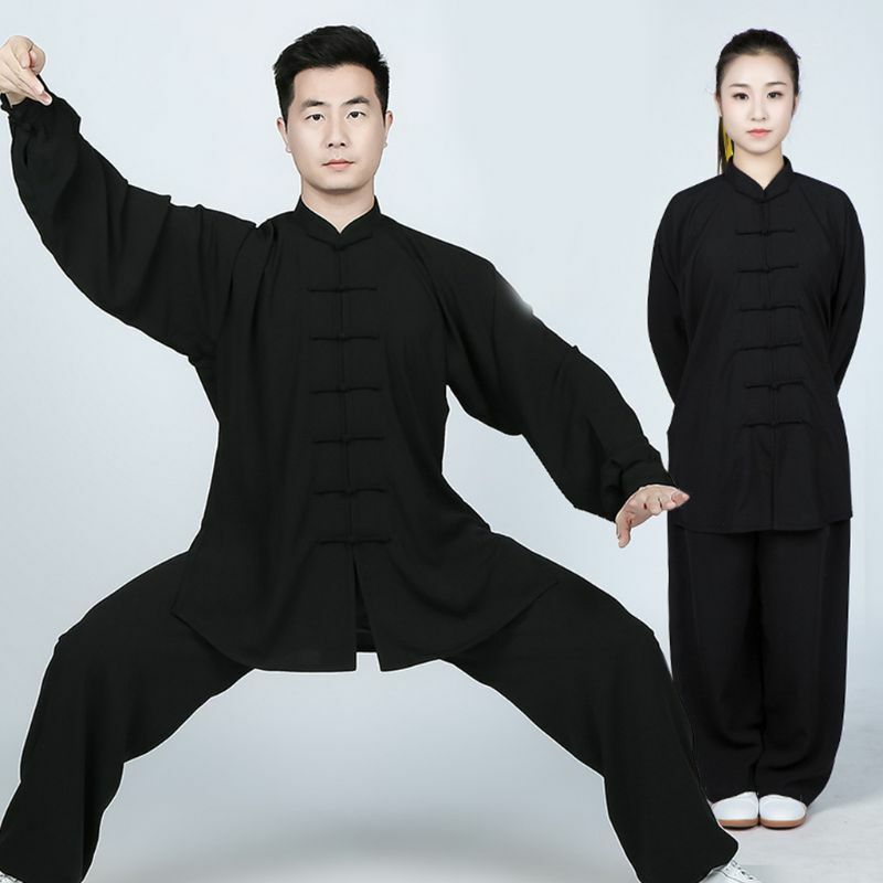 남여 중국어 번체 태극권 유니폼 가짜 리넨 긴 소매 아침 운동 쿵푸 의류 무술 착용