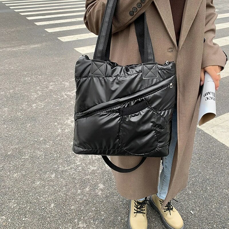 Frauen Tasche PU Raum Padded Multi-schicht Schulter Einkaufstasche Stepp Solide Farbe Zipper Große Kapazität Herbst Winter handtasche