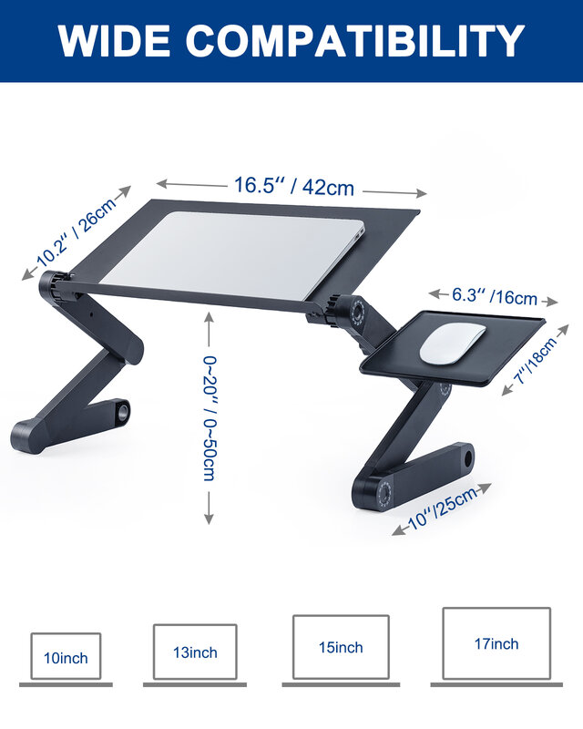RAINBEAM-escritorio ajustable de aluminio para ordenador portátil, mesa de cama, soporte ergonómico para Notebook, bandeja para sofá cama con alfombrilla de ratón, color negro