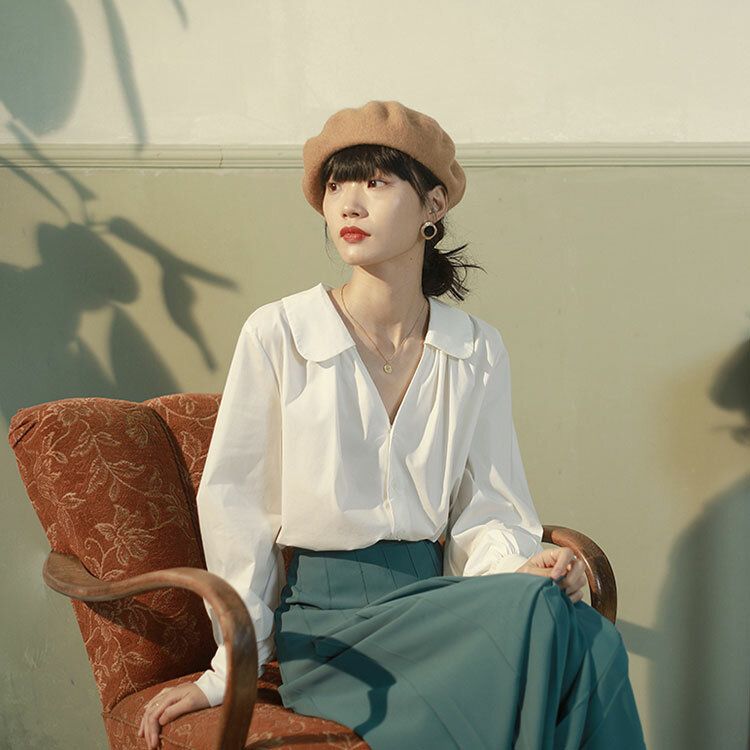女性のための長袖シフォンシャツ,新しいレトロな春と秋のコレクション,モデル2021
