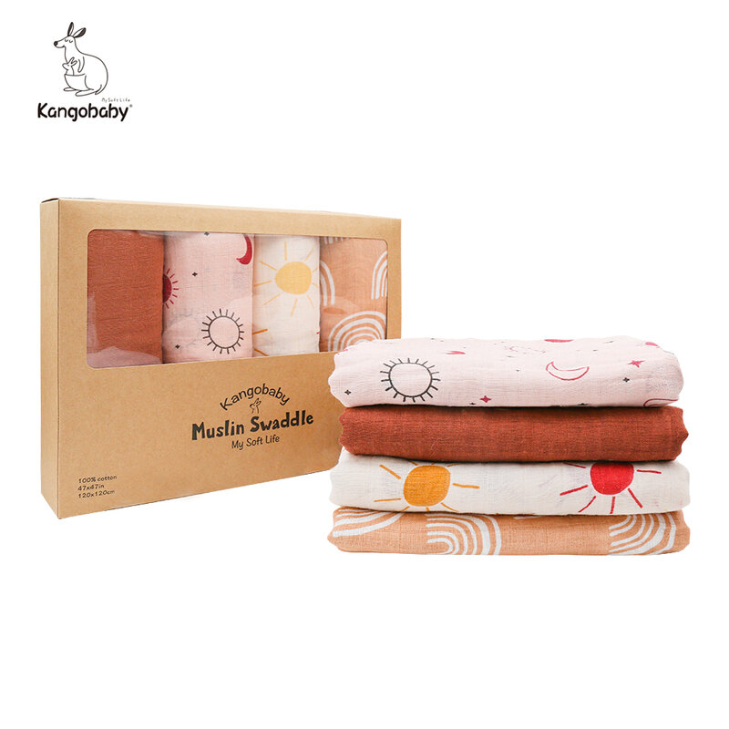 New 100% Organic Cotton Breathable Muslin Swaddle  4-Pcs Gift Packing Soft Thin Blanket 120×120cm