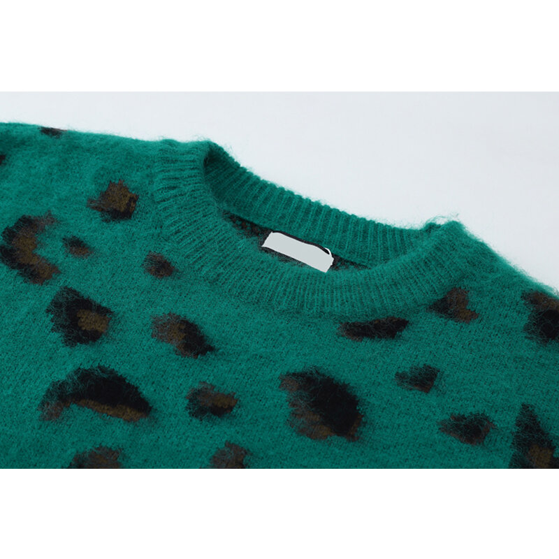 Vintage Knitted Sweater Women Leopard Green 2021 Spring Long Sleeve Pullover Knitwear Oversized Streetwear Female Sweater Tops
