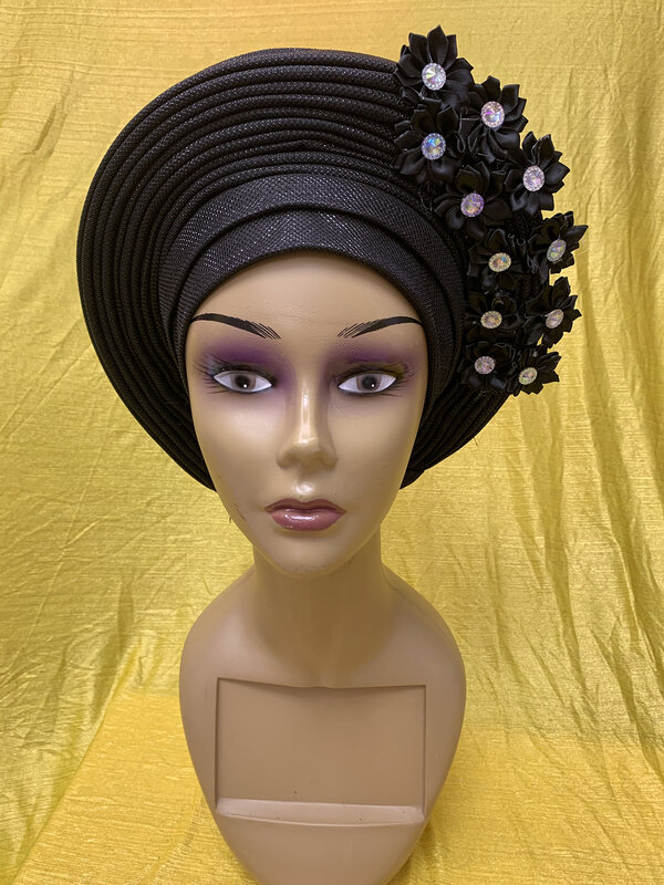 Aso oke nigeriano con piedras para mujer, turbante para mujer, chal africano, diademas con cuentas, tela para costura de sombreros para fiesta