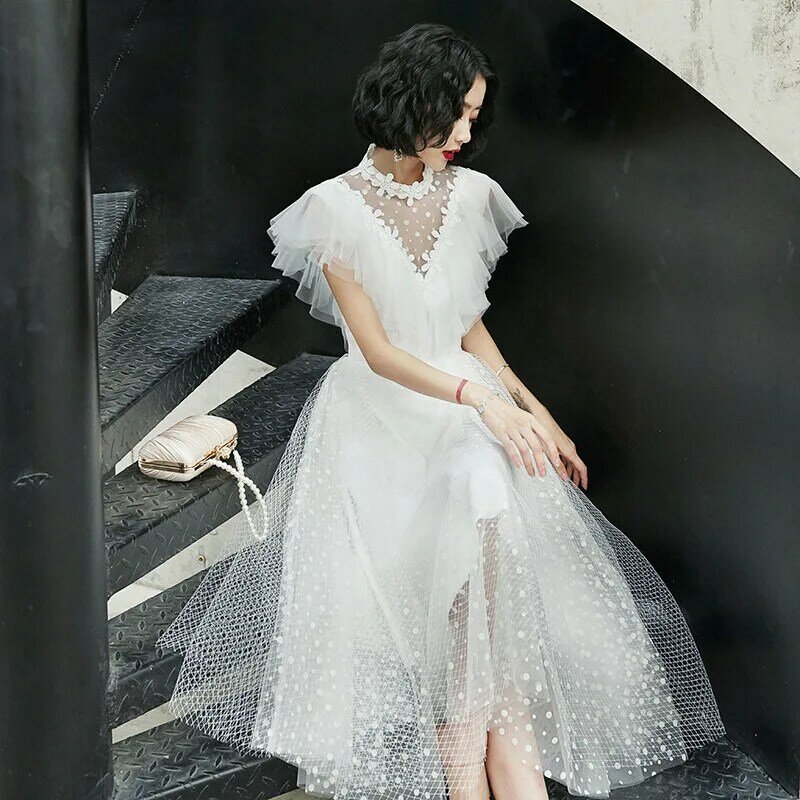 Женское кружевное вечернее платье-Ципао, элегантное Сетчатое платье для невесты, свадебное платье, изысканное платье для выпускного вечера