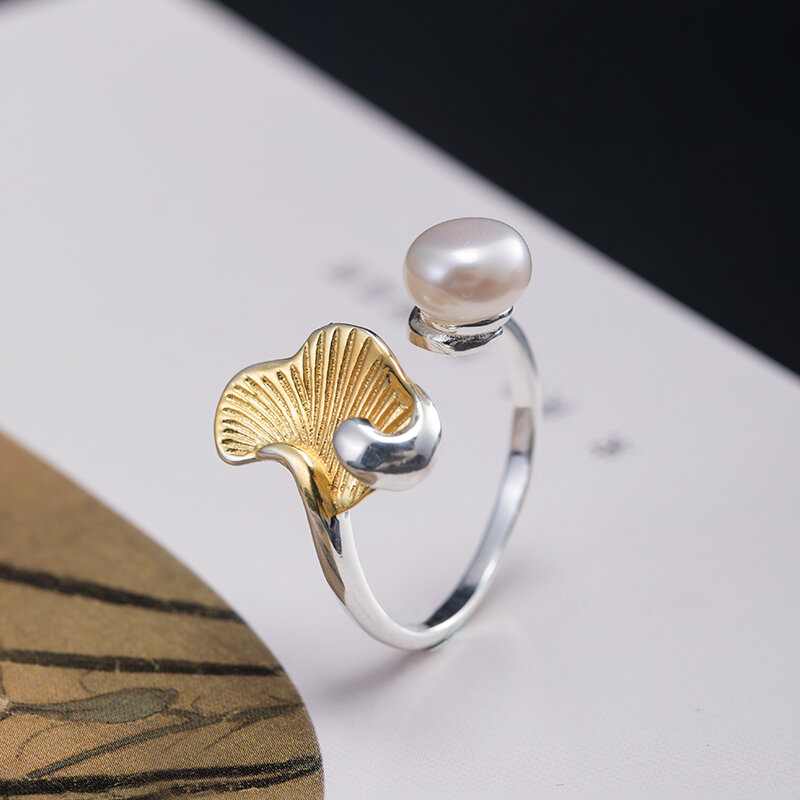 Заварной крем 925 стерлингового серебра личности Национальный Стиль жемчуг листьев гинкго кольцо для женщин ювелирные изделия