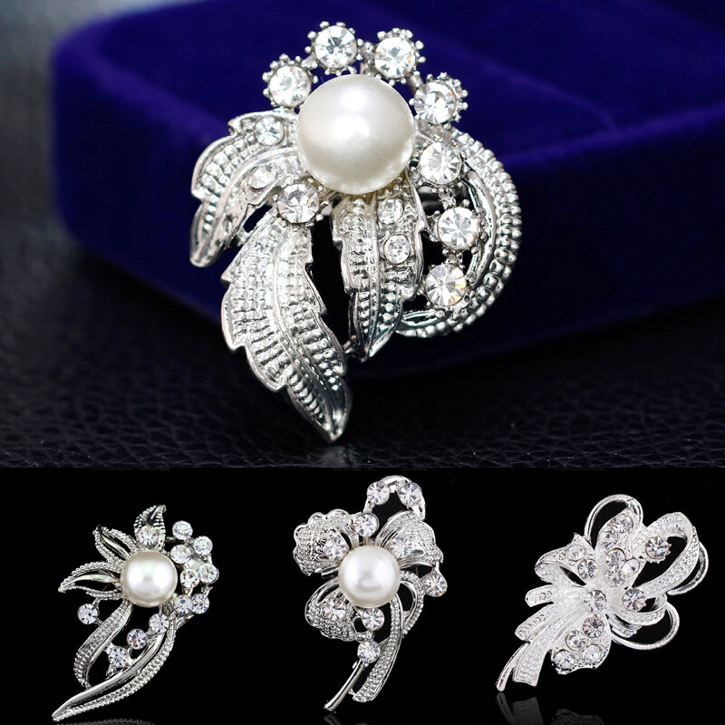 Broches de flor de cristal de estrás para boda, broche para fiesta nupcial, accesorios de joyería de perlas de imitación