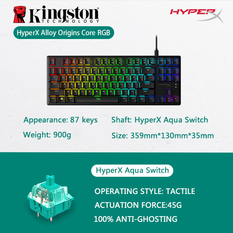 Kingston HyperX Alloy Origins Core Keyboard Gaming Aqua Switch Red Switch RGB Backlight ESports Keyboard Mekanis untuk Desktop