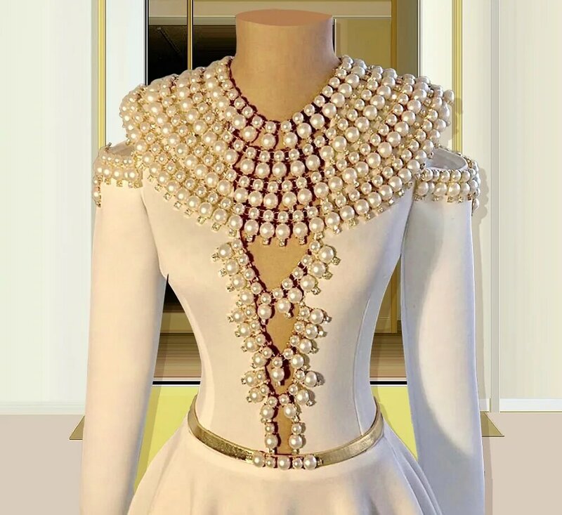 Vestidos饗宴シアーパールセレブウエディングドレス2021 aライン長袖アラビアドバイフォーマルイブニングドレスの女性