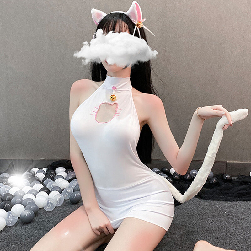 Disfraz de gato hueco para mujer, ropa interior japonesa con cuello Halter, Kawaii, uniforme de chica, Sexy, para adultos