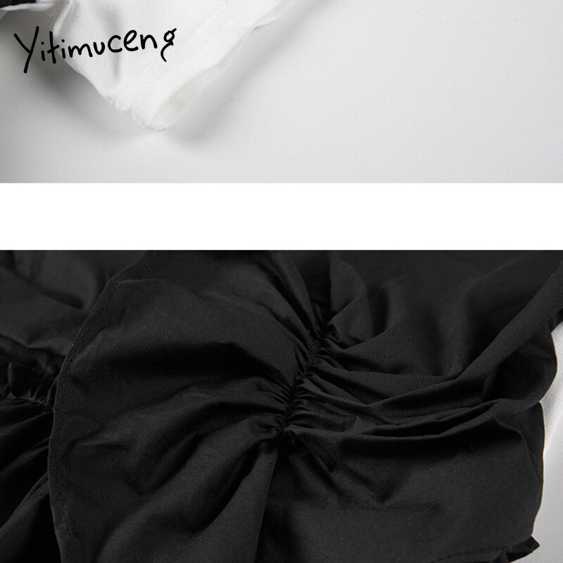 Yitimuceng irregolare falso 2 pezzi abiti donna estate increspature vita alta o-collo bianco nero 2021 moda coreana nuovo prendisole