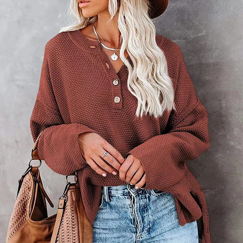 Damski Street Solid Color luźny dzianinowy sweter duży rozmiar Casual sweter z dekoltem typu V-Neck moda długi sweter z rękawami jesienno-zimowa