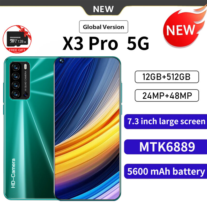 Versi Baru Ponsel Pintar X3 Pro 5G Ponsel Pintar 7.3 Inci Ponsel 5600MAh 24Mp + 48Mp 12GB + 512GB Ponsel Buka Kunci Versi Global Sel