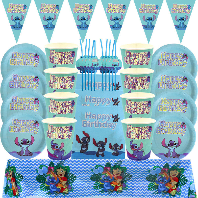 Decoraciones de fiesta de cumpleaños con temática de Stitch de Disney, platos de papel, vasos, con bandera mantel, juego de vajilla desechable, suministros para Baby Shower