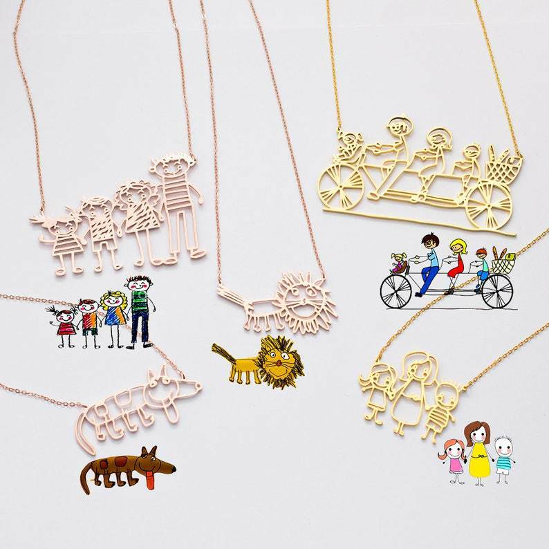 Edelstahl Nach Zeichnung Halskette Kunst Personalisierte 18K Reales Gold Für Mädchen Kind Kinder Frauen Angepasst Baby Schmuck Geschenk