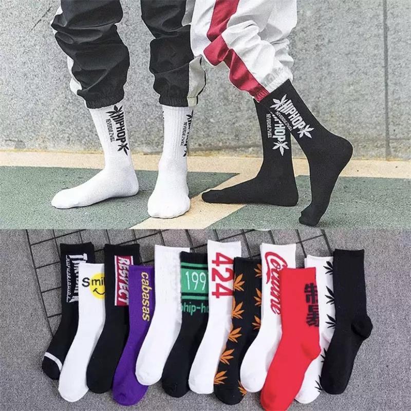 Hip hop meias homem e mulher rua tiro meias moda esportes algodão macio impresso meias skate harajuku carta meias