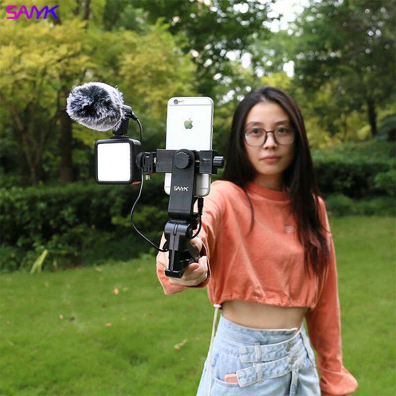 SANYK Penstabil Genggam Ponsel dengan Kit Vlogging Adaptor Kamera Aksi GoPro dengan Lampu Pengisi Mikrofon untuk Foto Vlog