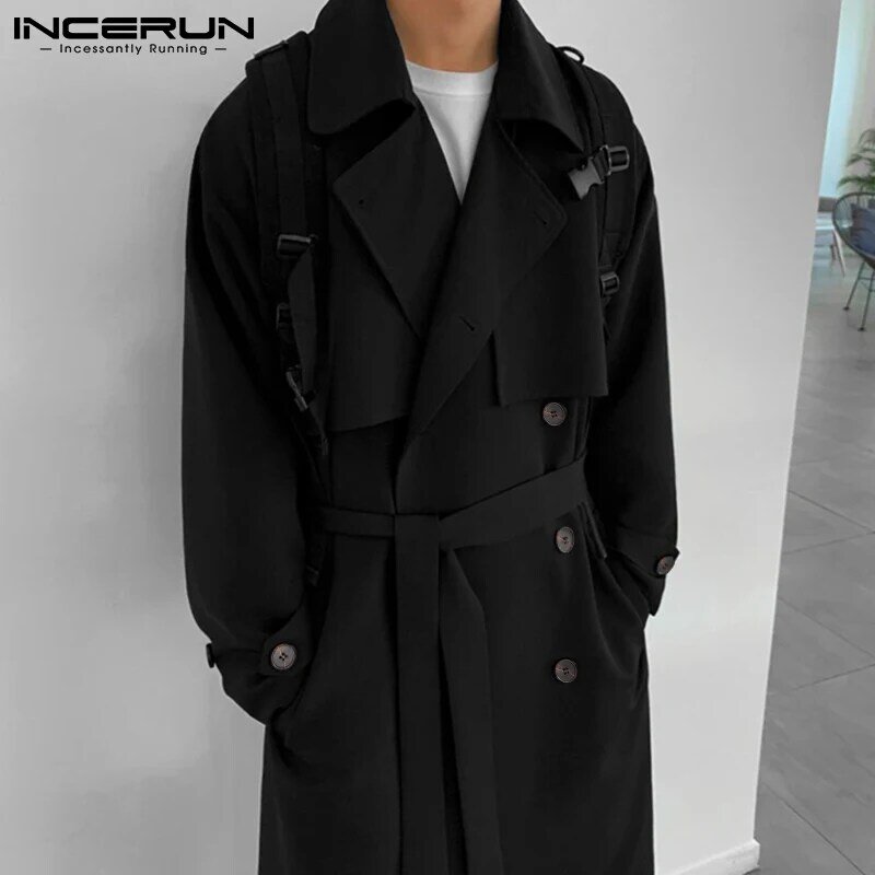 Стильный Новый мужской однотонный хорошо облегающий Тренч, мужское длинное пальто выше колена с лацканами, верхняя одежда, топы 2021