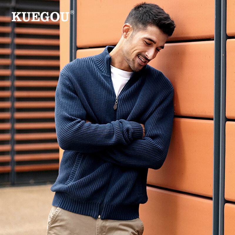 Kuegou 2022秋冬新メンズカーディガン綿100% 暖かいニットコートファッション高品質セーター生き抜くプラスサイズ8947