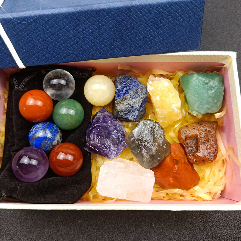 7 Chakras Natural Crystal Mini Spheres and Rough stones Chakela Giftbox Healing Energy Gemstones meditation Ornaments