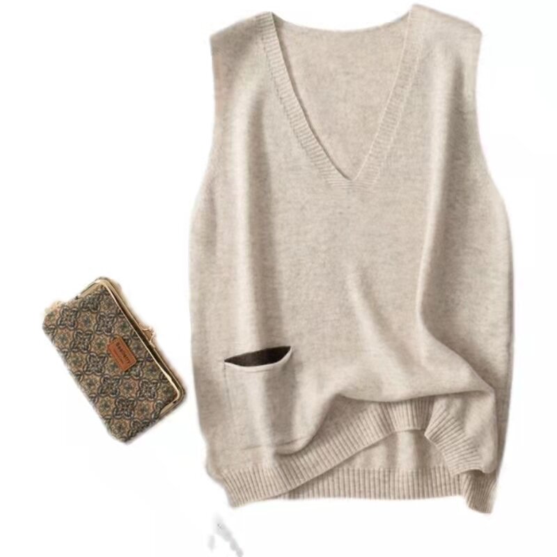 Suéter de lana pura para mujer, chaleco holgado con cuello en V, a la moda, sin mangas, con abertura lateral, 100%