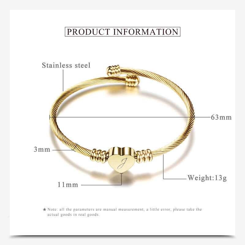 Free Engrave Initial Alphabet Heart Cuff Bangles Women Jewelry Stainless Steel Letter Bangle For Gifts