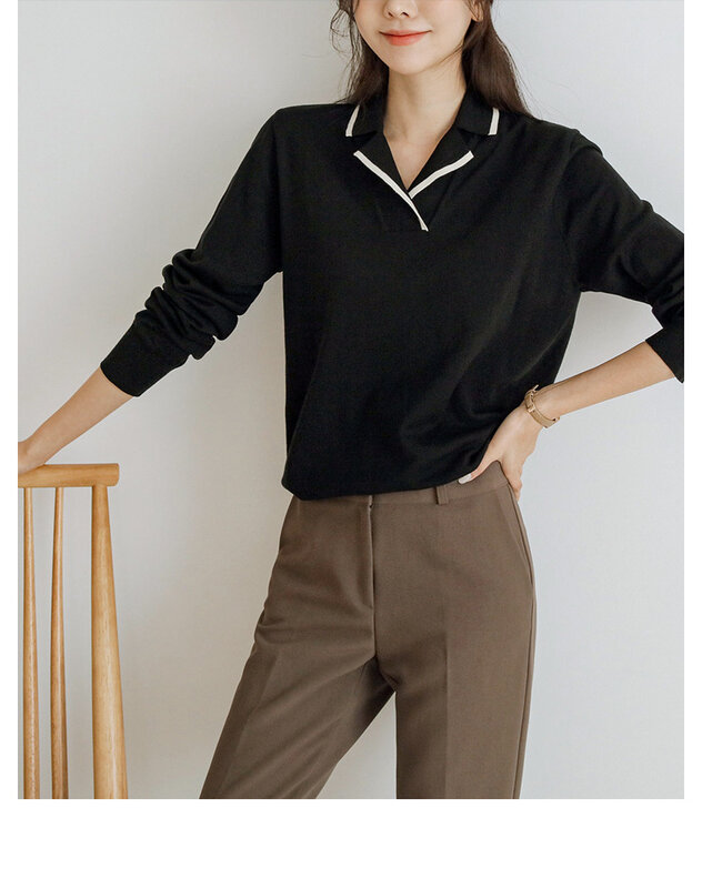 Polo Sweater Jumper Pullover Wanita dengan Kerah S-XL