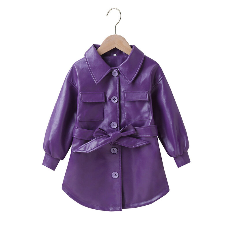 New Fashion Spring Autumn Pu Leather Jackets Baby Girls Solid Color Single-breasted Dress Coats Children Outerwear Clothes